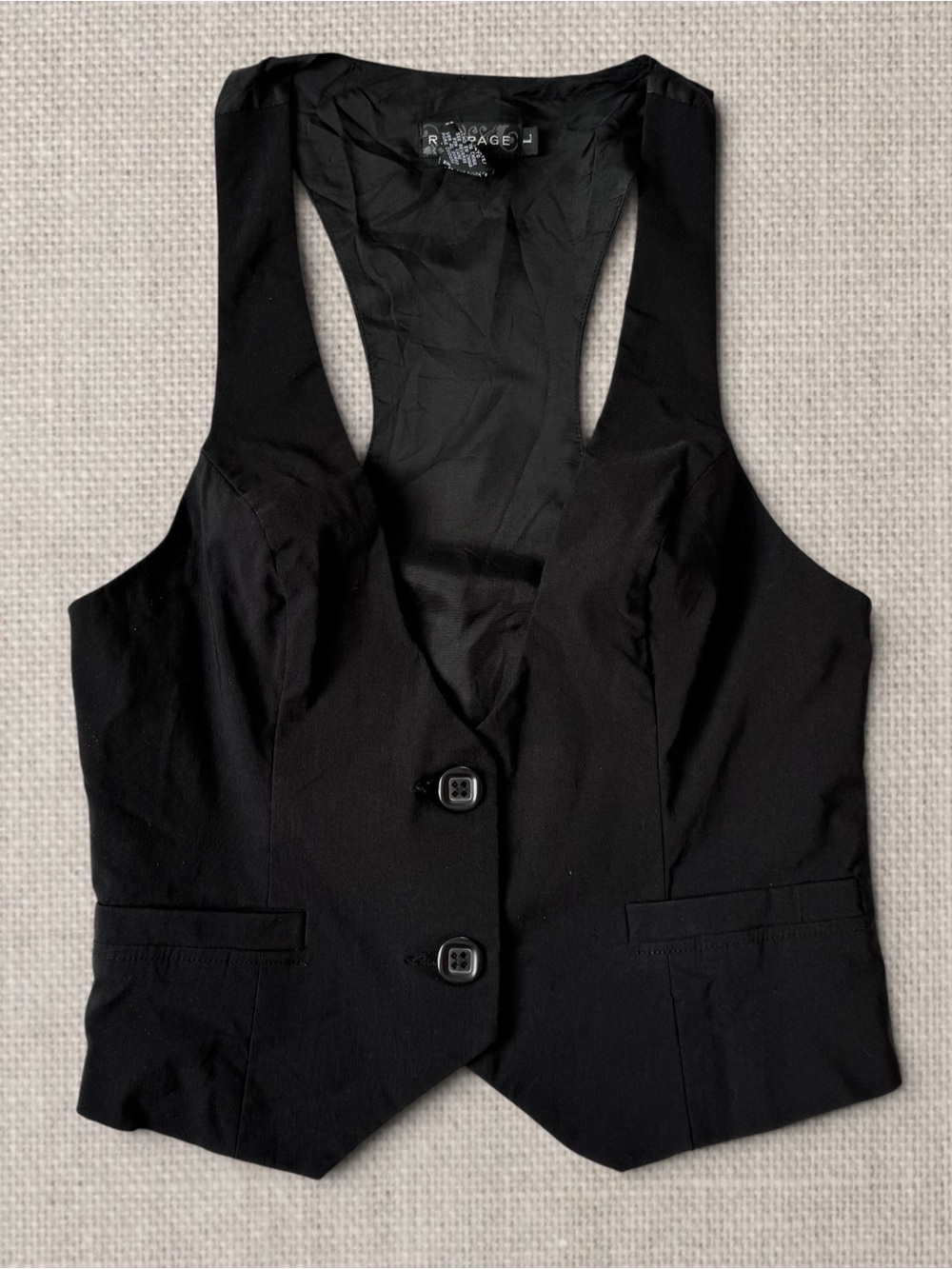 ⁠Vintage Rampage Black Halter Vest Small (Tag L) Y2K Tailored Waistcoat Stretch
